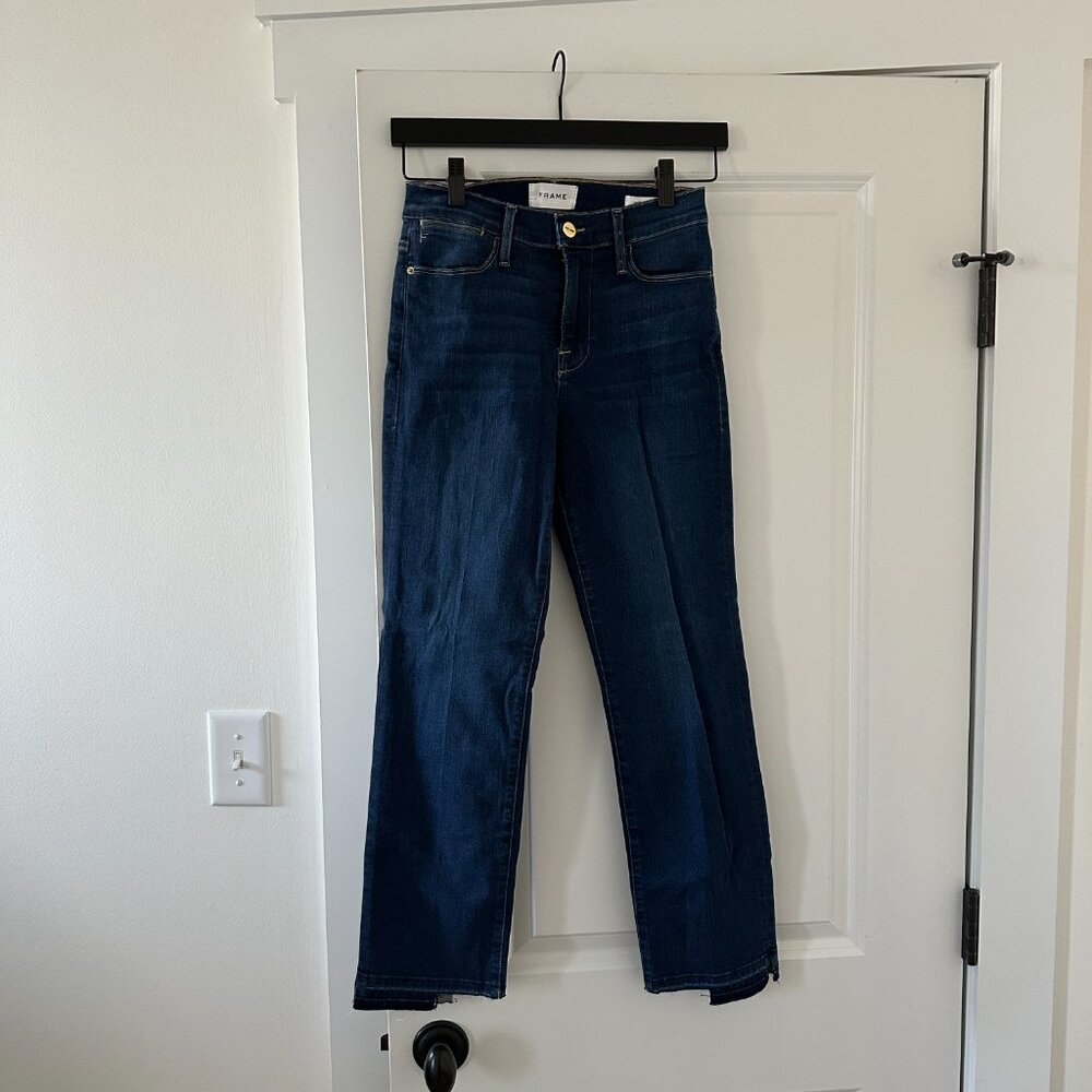Frame Le High Straight Denim with Distressing and Subtle Step Hem